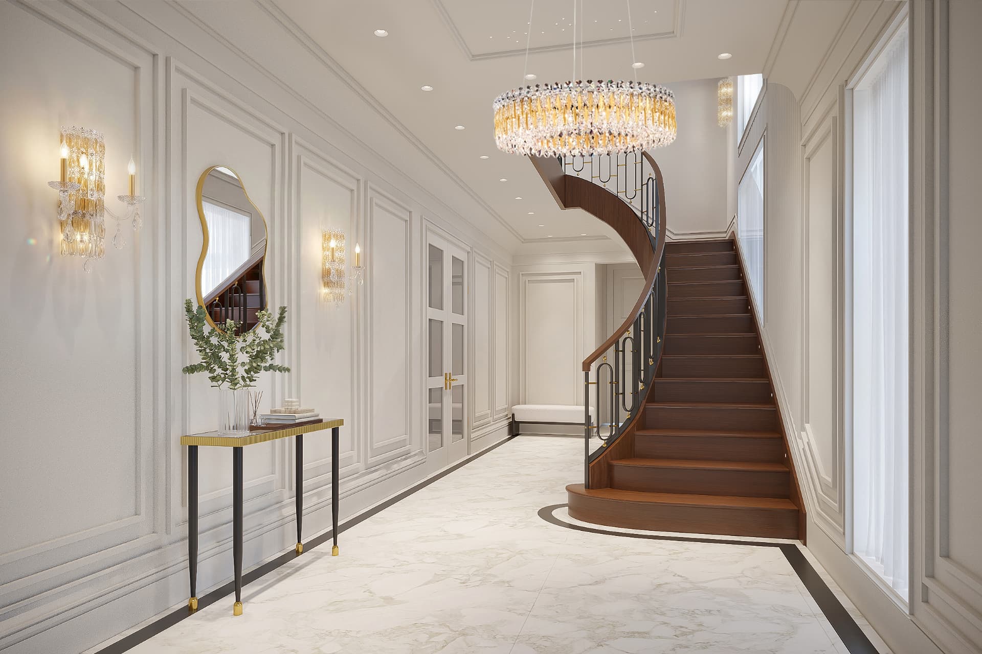 Paneled entrance hall with a curved walnut staircase and crystal lighting