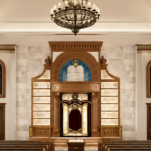 Detail view of the Aron Kodesh hardwood and stone craftsmanship
