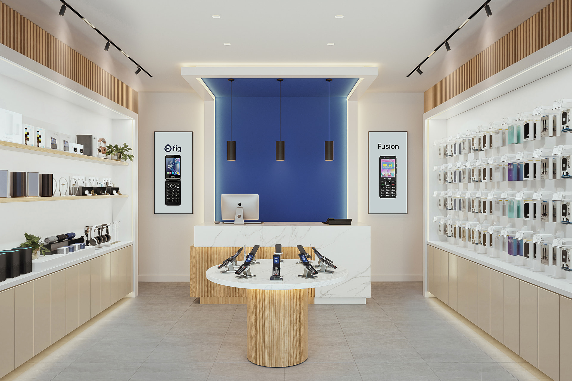 Mobile phone retail store interior with illuminated display walls and a central fluted timber plinth