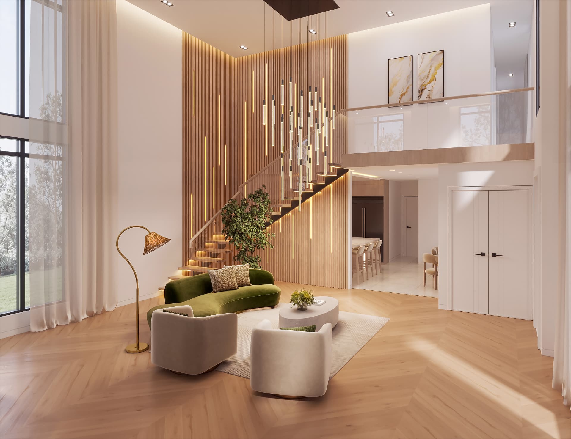 Open-tread staircase against an illuminated oak slat wall in the living hall