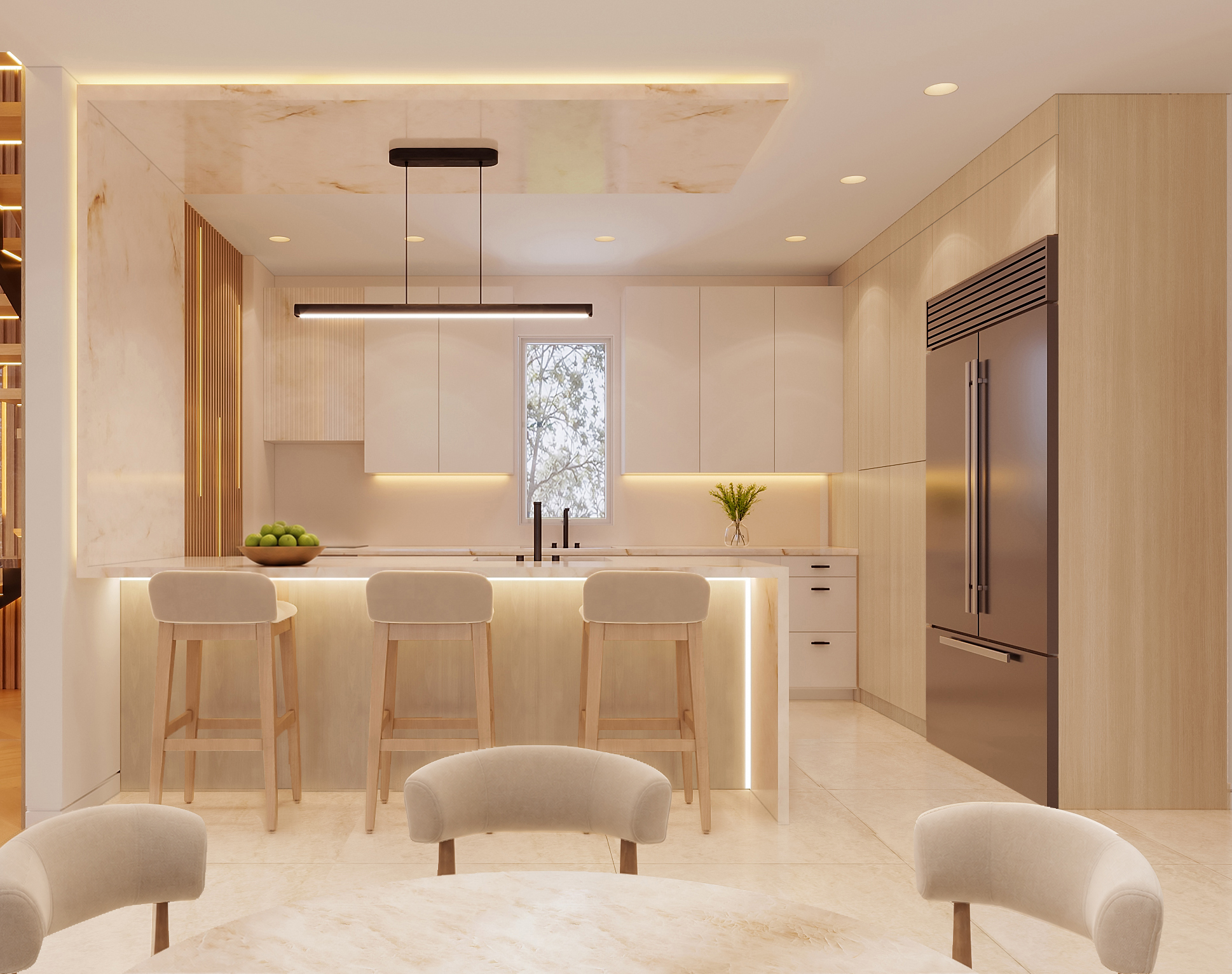 Kitchen with pale oak cabinetry, integrated lighting and stone worktops