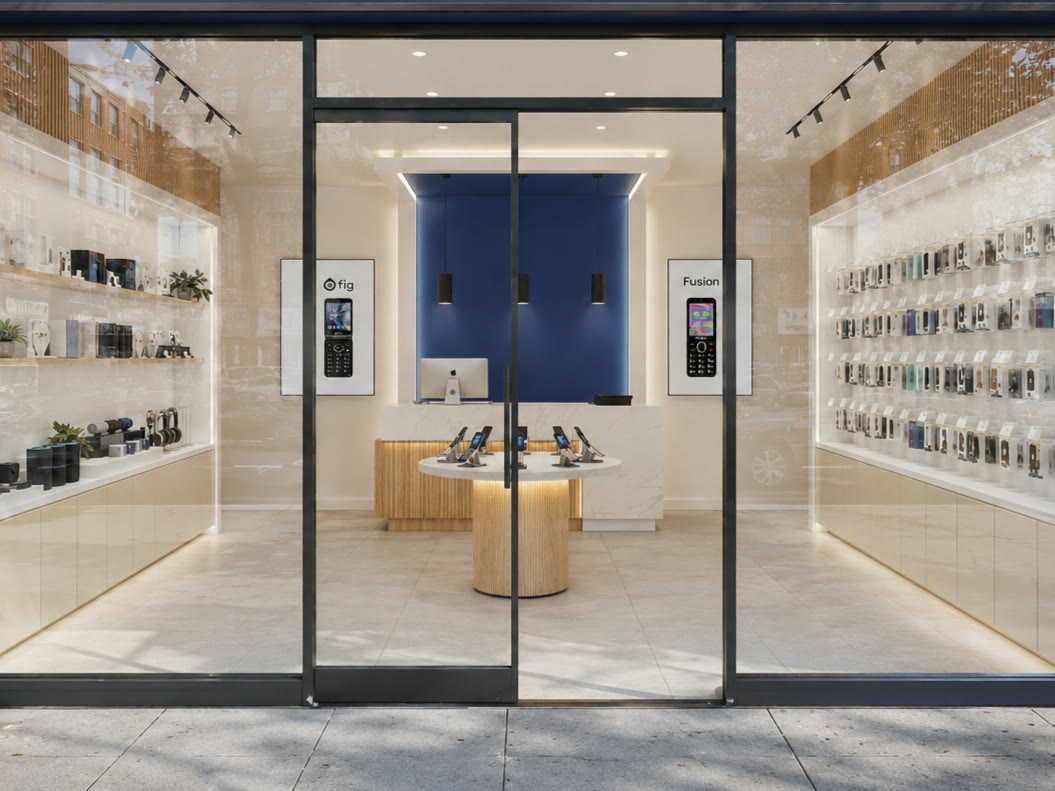 Detail view of the phone store retail interior