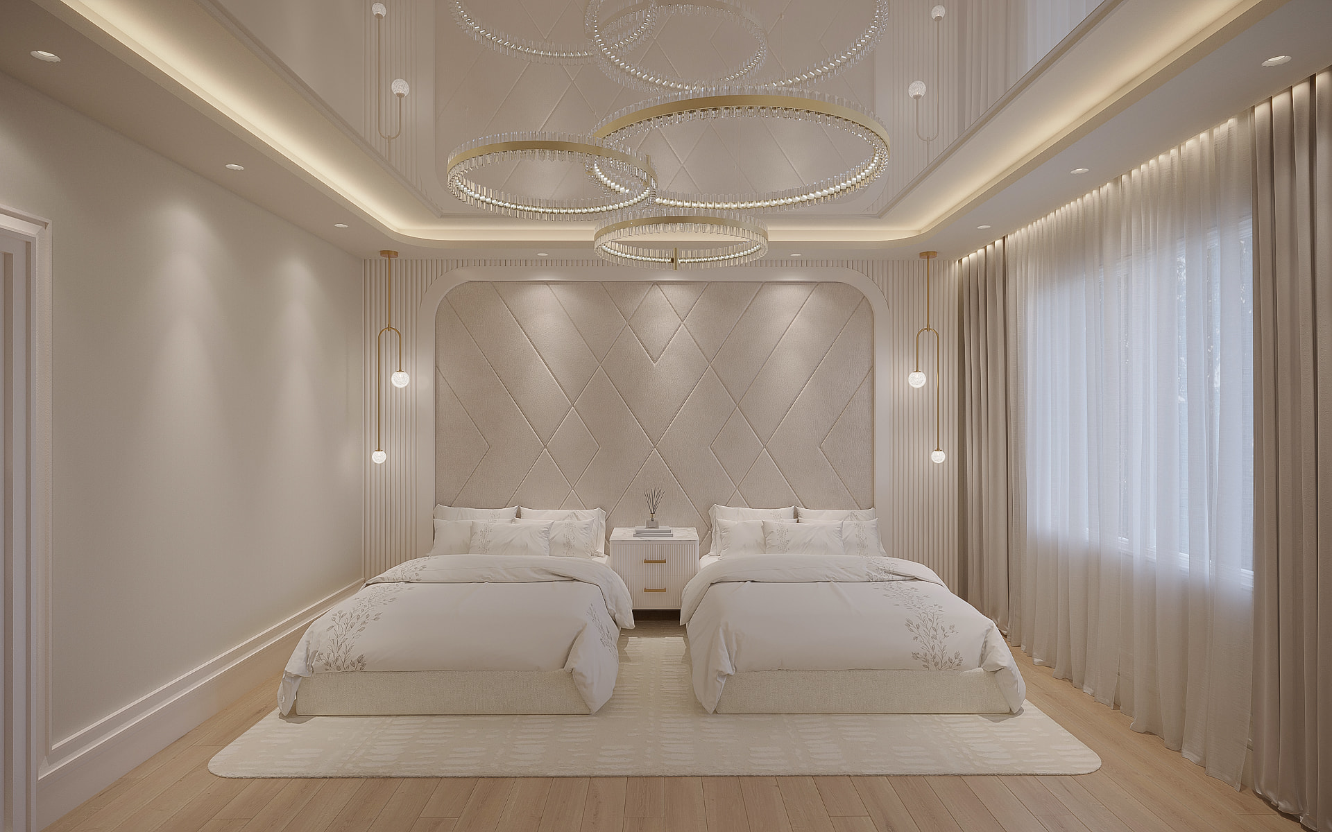 Twin bedroom with upholstered feature wall and circular crystal chandeliers