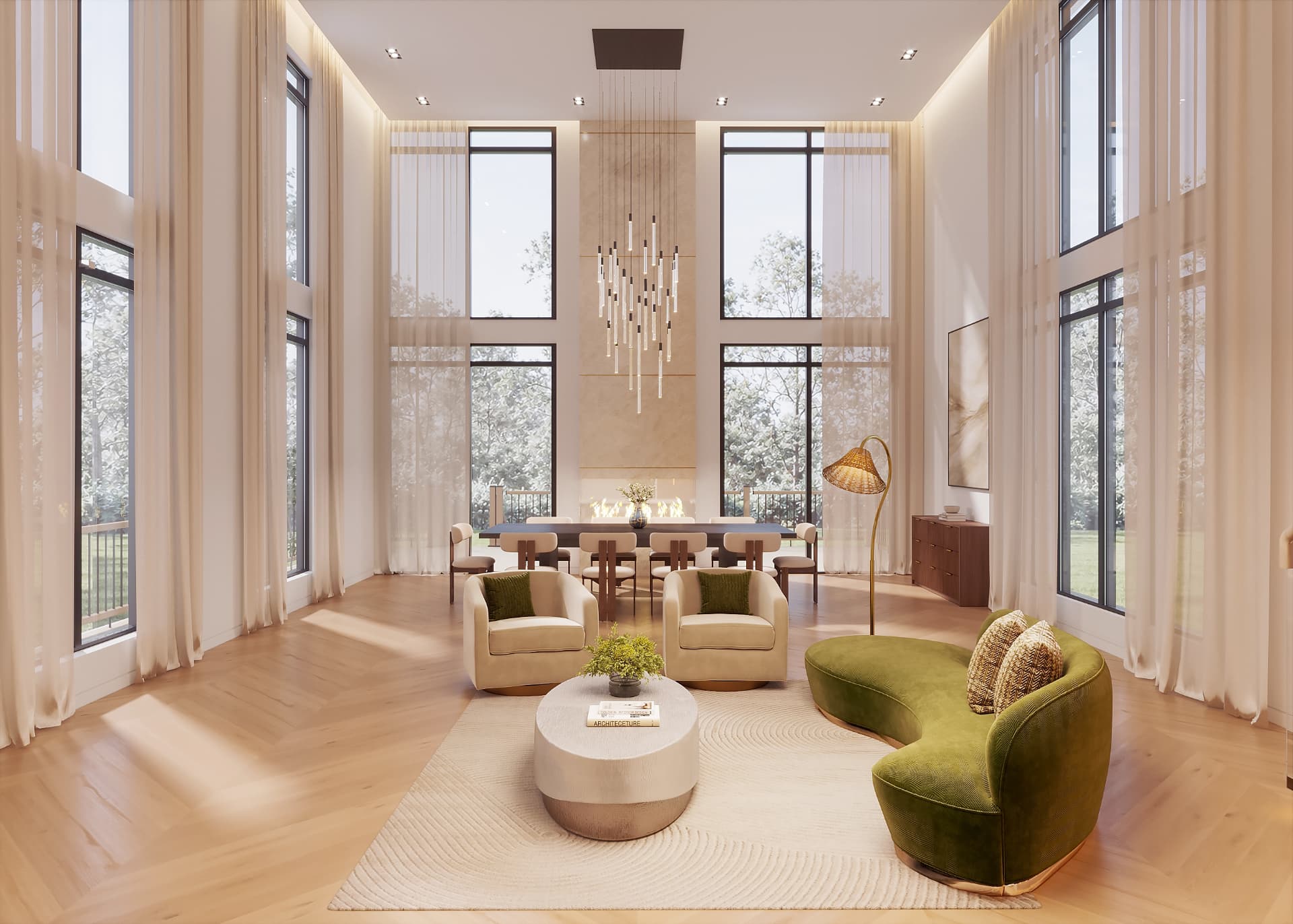 Double-height living room designed by MG Design with full-height glazing and a sculptural pendant installation