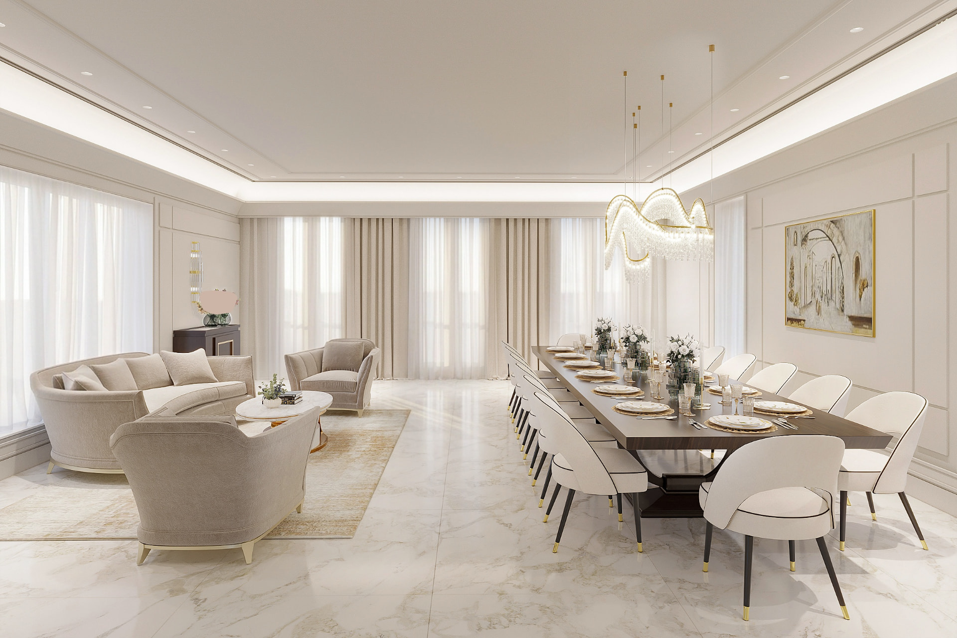 Formal living and dining room with paneled walls, marble floors and sculptural chandelier