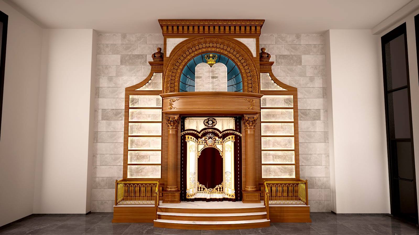Elevation view of a carved hardwood sanctuary ark with backlit stone panels and gilded detailing