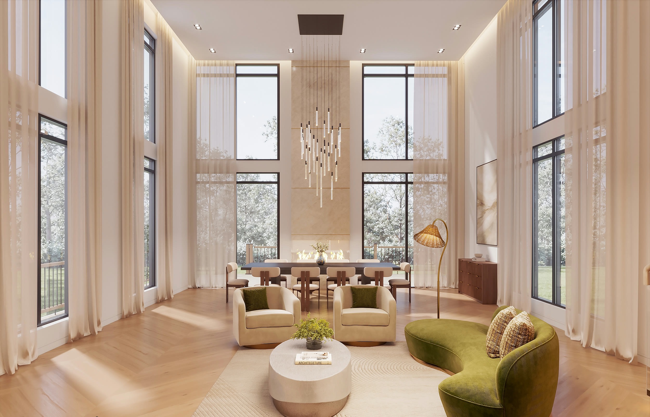 Double-height living room with full-height windows and a sculptural pendant installation