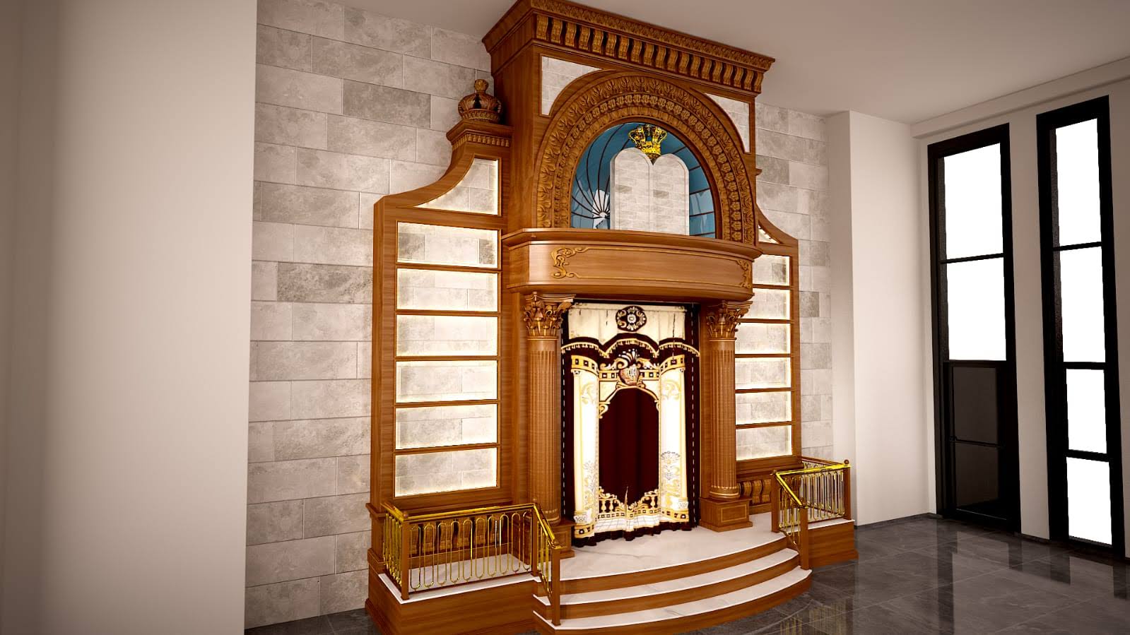 Angled view of the sanctuary ark showing the curved platform, brass railings and stone wall
