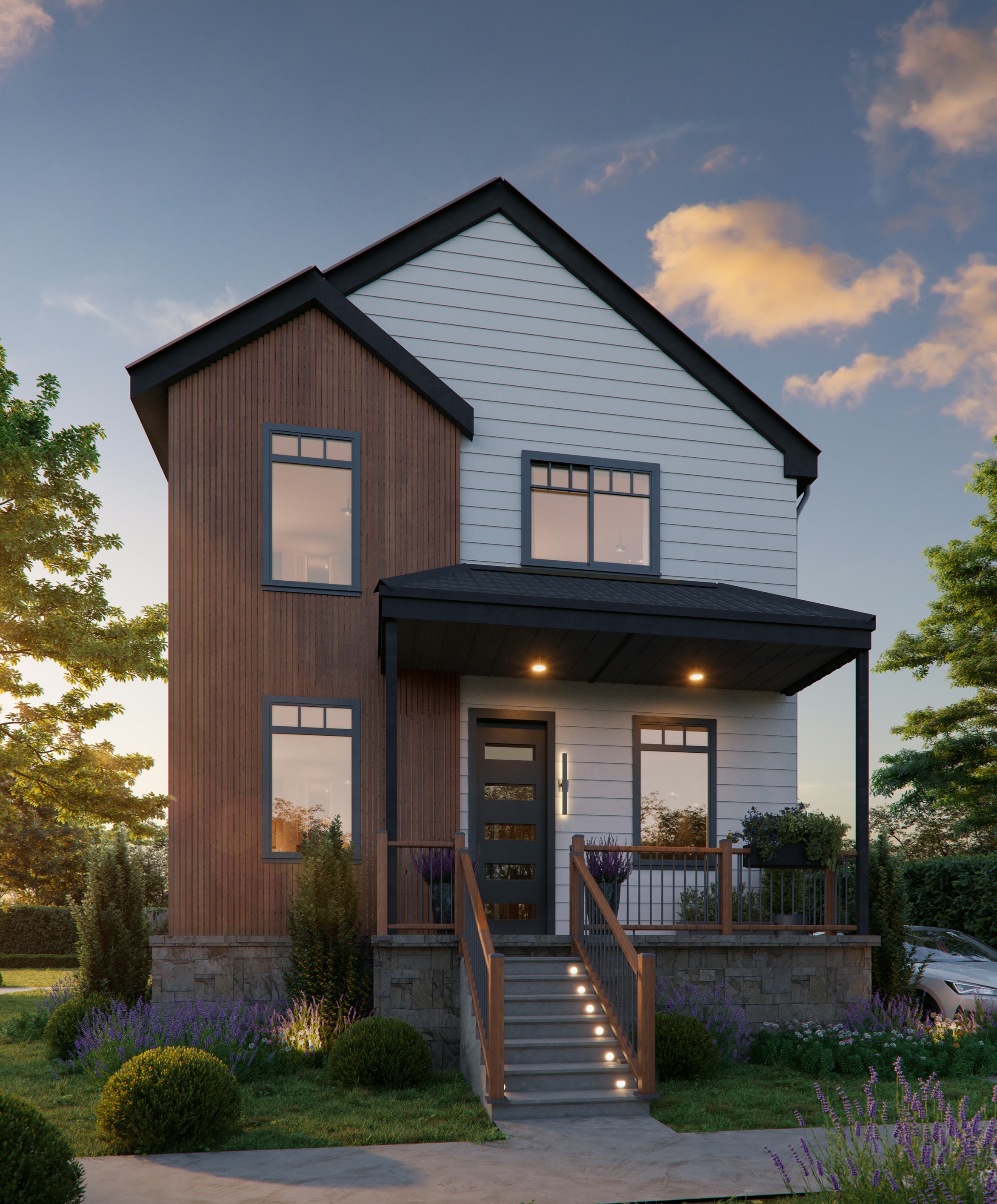 Side exterior view of the Frazer Road summer home with cedar and white siding