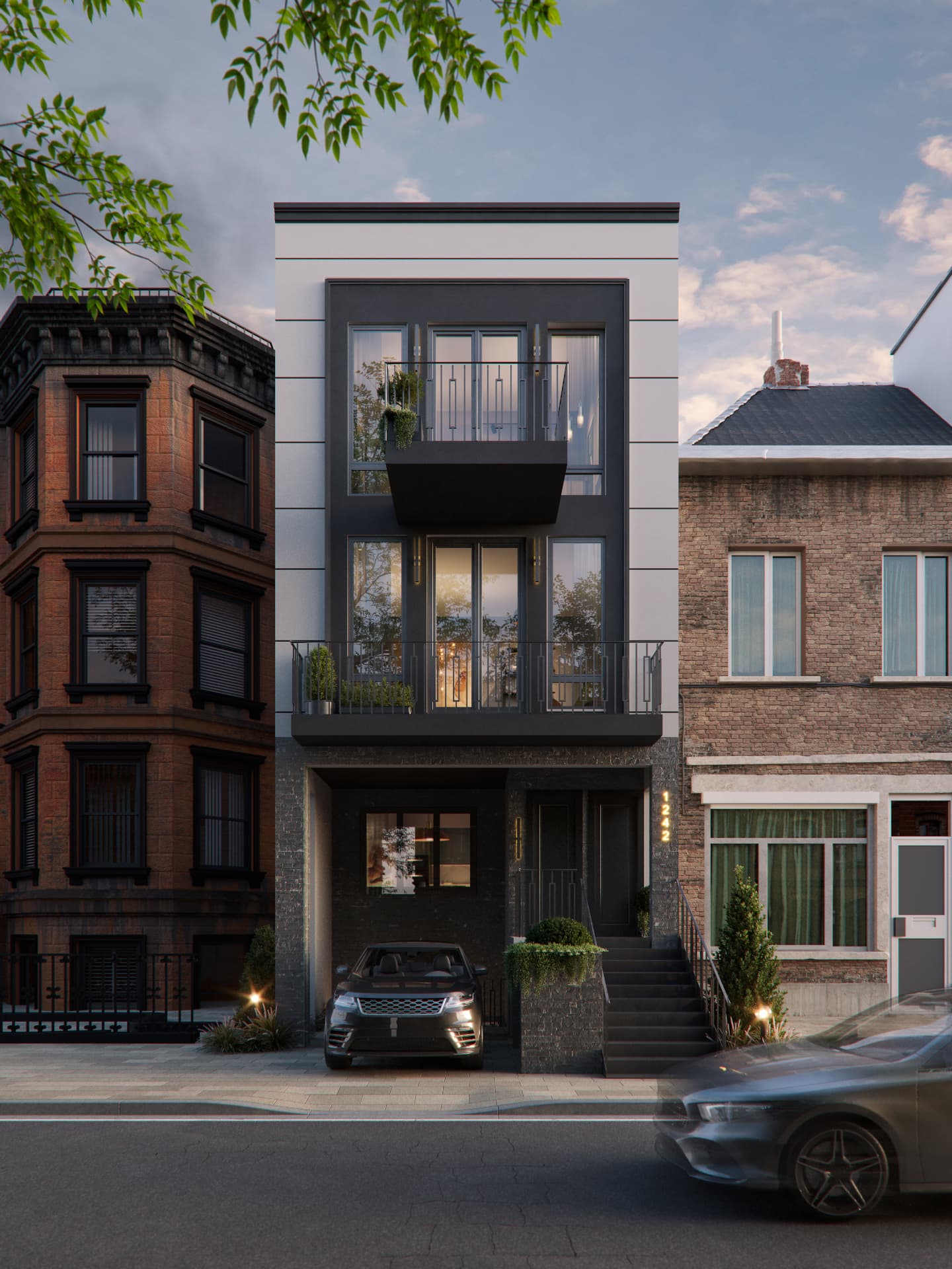 Modern infill townhouse facade with dark frame, projecting balconies and recessed entry
